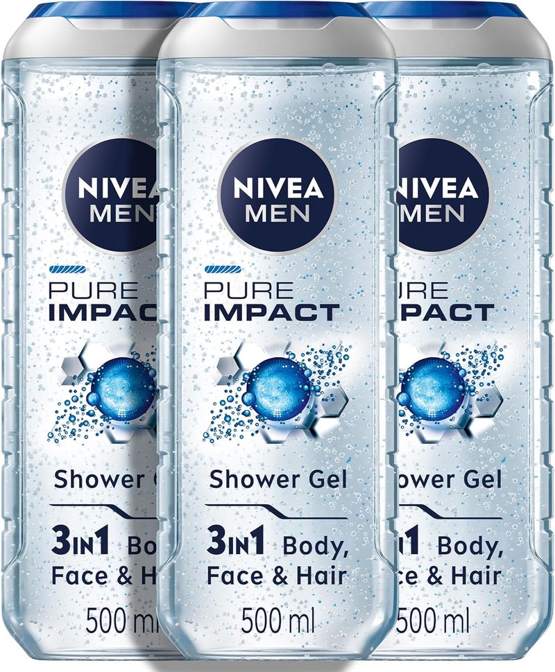 NIVEA MEN Pure Impact 3in1 Shower Gel, Fresh Scent, Pack of 3 x 500ml - Image 1